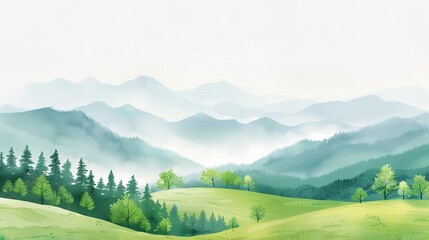 Obraz premium Light rain on a mountain landscape, mist rolling in, watercolor style