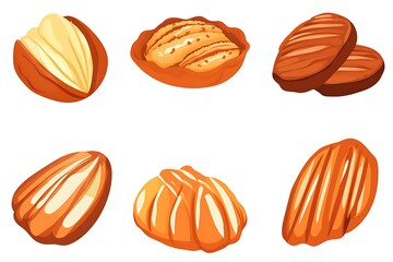 Cartoon Illustration of Pecan Nuts in Various Stages of Opening.