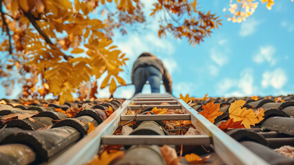 A dedicated gardener carefully climbs a tall ladder adorned with vibrant autumn leaves, preparing for essential roofing tasks under a beautiful clear blue sky