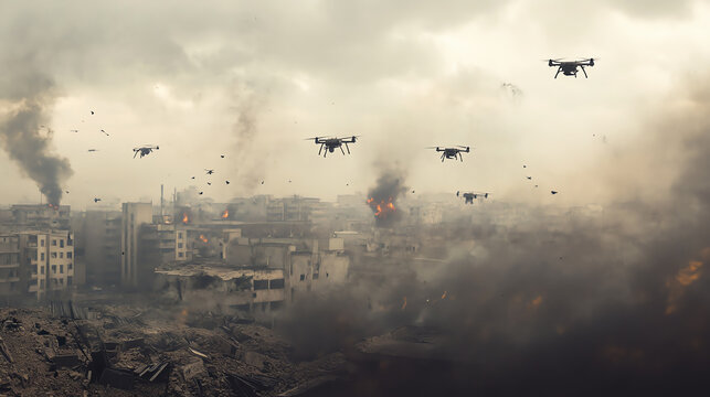 A dystopian scene with multiple drones flying over a war-torn city, smoke and explosions in the background, illustrating advanced warfare.