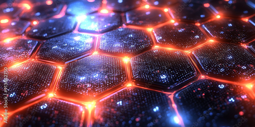 Wall mural creative blue hexagonal background with binary code. technology, design and landing page concept