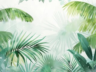 Obraz premium Tropical storm zone, dense rain and swaying palm trees, vivid greens and grays, watercolor style