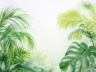 Obraz premium Tropical storm zone, dense rain and swaying palm trees, vivid greens and grays, watercolor style