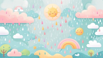 Weather map showing downpour patterns, various regions, flat design illustration