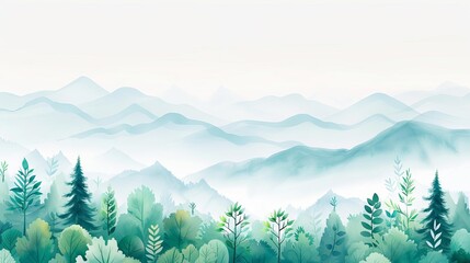 Fototapeta premium A drizzle over a mountain landscape, serene nature, watercolor illustration, soft pastels, isolated on white background