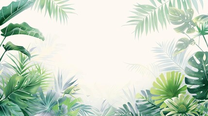 Fototapeta premium Drizzle in a tropical jungle, lush foliage, digital illustration, vivid greens, isolated on white background