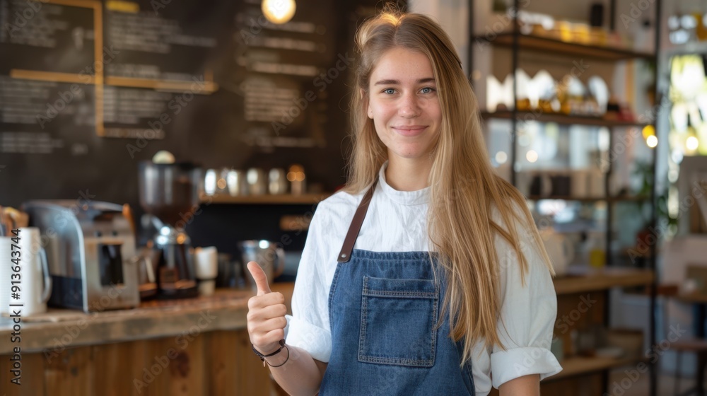 Wall mural The cheerful barista thumbs up