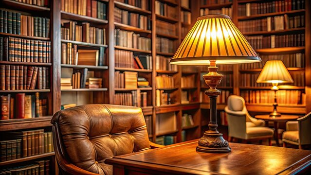 Cozy ambiance in a book-filled library with warm glow from lamp on bookshelf , reading, learning, quiet, peaceful
