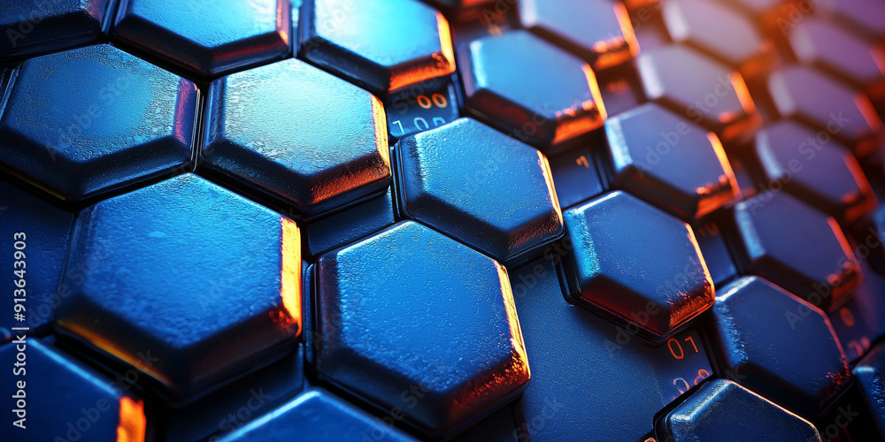 Wall mural creative blue hexagonal background with binary code. technology, design and landing page concept