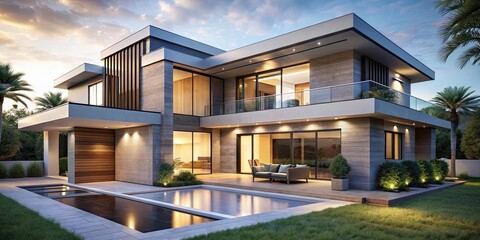 Fototapeta premium Luxurious and modern render of a villa house exterior, luxury, villa, house, exterior, render, architecture, design