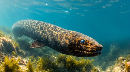 Fototapeta premium Moray Eel Underwater in Sunlight.