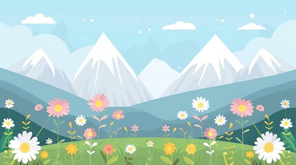 Alpine meadow, wildflowers and snowy peaks, flat design illustration