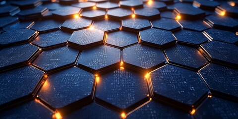 Creative blue hexagonal background with binary code. Technology, design and landing page concept