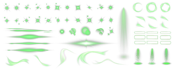 Set of realistic vector green stars png. Set of vector suns png. Green flares with highlights.  © Александр Боярин