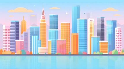 City skyline, modern skyscrapers, flat design illustration