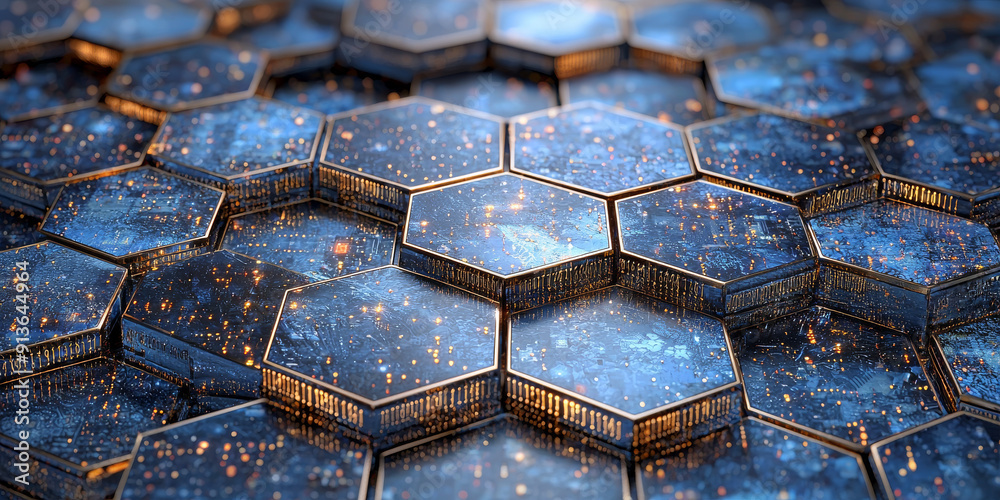 Wall mural creative blue hexagonal background with binary code. technology, design and landing page concept