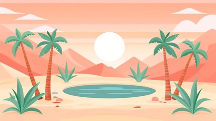 Obraz premium Desert oasis, palm trees and waterhole, flat design illustration