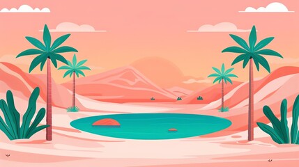 Obraz premium Desert oasis, palm trees and waterhole, flat design illustration