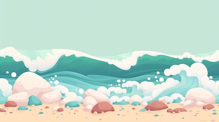 Rocky shoreline, crashing waves, flat design illustration