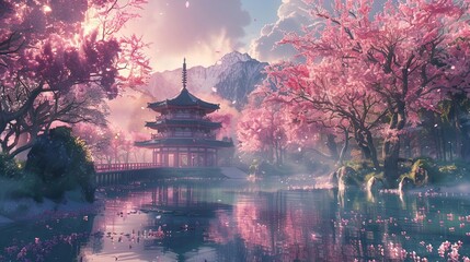 Obraz premium Cherry blossom park backdrop with a traditional Japanese pagoda prospect, serene and cultural setting