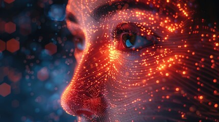 Abstract digital human face representing artificial intelligence, big data, or cyber security. 3D illustration.