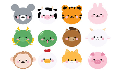 Obraz premium Cute Chinese Zodiac animals set head mascot
