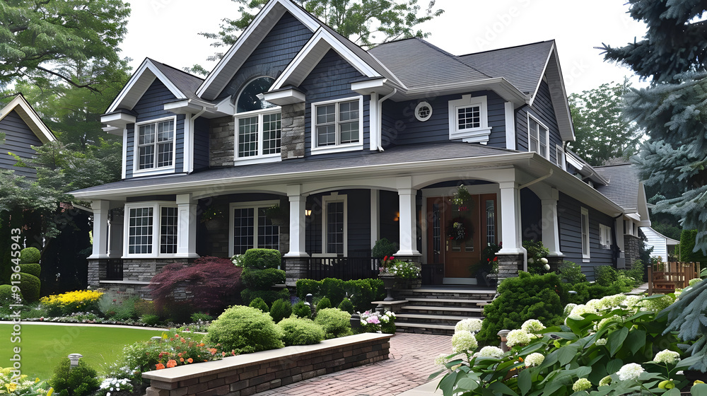 Wall mural Blue House with White Trim and Stone Accents - Photo