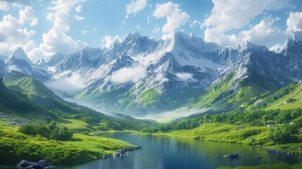 Majestic mountain backdrop with a serene valley prospect, breathtaking and tranquil natural landscape