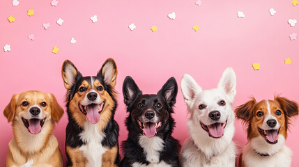 various dog breeds on pink background