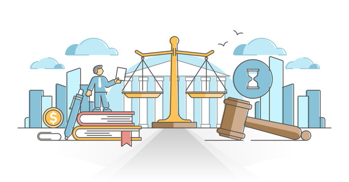 law concept: scales, gavel, books, city, outline style clip art preview