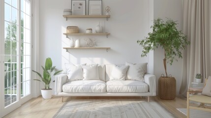 Bright white living room with a white couch, table and a potted plant