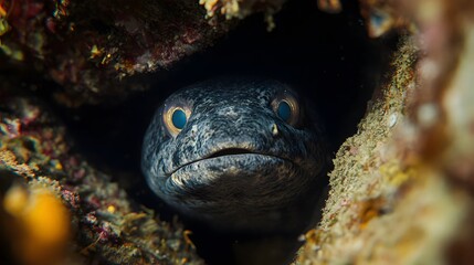 Moray Eel Peeking Out of Coral.