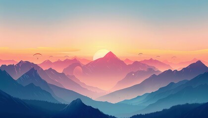 Obraz premium Mountain range backdrop, paragliding competition, flat design illustration