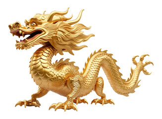 Fototapeta premium Golden Chinese Dragon Statue Isolated on Transparent Background 