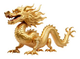 Golden Chinese Dragon Statue Isolated on Transparent Background
