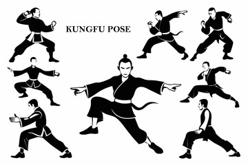 Set of silhouete black and white kungfu pose, sport pose 