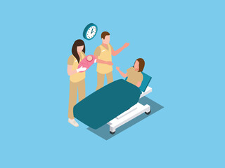 Doctor gives spirit to mother carrying baby her newborn child. After labor in hospital. Medical performing cesarean sections 3d vector illustration concept