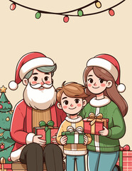 Young mother and father wearing santa costume celebrating Christmas with son. Cartoon, plain background. Holiday season New Year. Suitable for banner, poster, book cover, greeting card