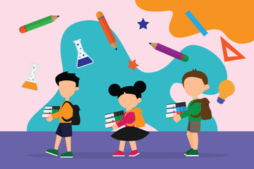 Students Engage in Creative Learning Activities While Walking to Classroom 2d flat vector illustration