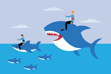 Big fish with dollar sign eating many small ones.business concept 2d flat vector illustration