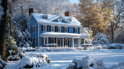 Blue house covered in fresh snow with trees.