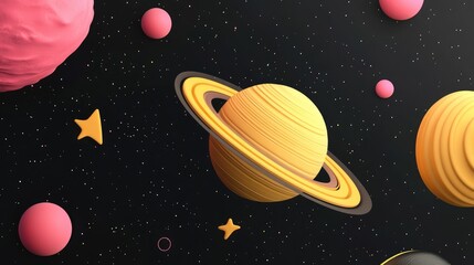Fototapeta premium Yellow and pink 3D planets and stars with retro textures on a black gradient background, minimalist space scene.