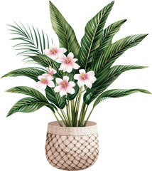 Watercolor Potted Tropical Plant with Pink Flowers