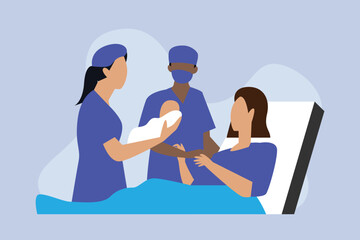 Doctor gives spirit to mother carrying baby her newborn child. After labor in hospital. Medical performing cesarean sections 2d flat vector illustration