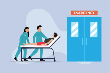 Doctors carrying pregnant woman to emergency room. Expecting mother or patient lying on gurney and preparing to give birth 2d flat vector illustration