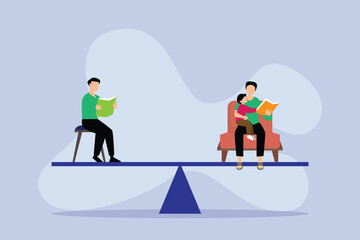 Fototapeta premium Balancing Family Time and Personal Leisure Through Reading Activities at Home 2d flat vector illustration