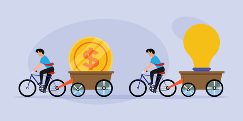 businessman riding a bicycle pulling money. Symbol of Running a Company, Managing, Leadership, Innovation, Success, Ambition, Finance 2d flat vector illustration