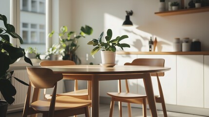 Fototapeta premium Sun-Kissed Serenity: A minimalist dining room bathed in warm, natural light, featuring a wooden table and chairs, adorned with lush green plants. 