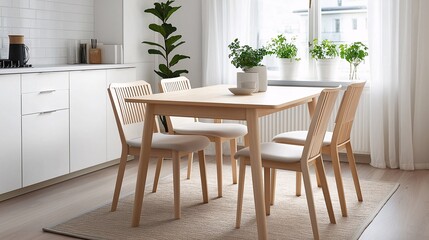Fototapeta premium Minimalist Kitchen Dining Area: Light and airy, this modern kitchen features a sleek dining table and chairs set against a backdrop of white cabinetry and large windows.