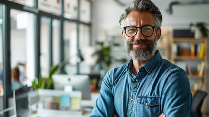 Obraz premium Portrait of a handsome, stately man in casual clothes standing in the office of a modern office. Office worker looking at camera indoors. Lifestyle.